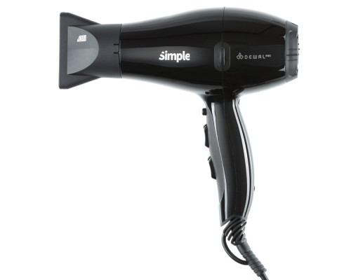 Фен DEWAL SIMPLE, черный, вес 550гр, размер 17см, 2000Вт,ионизация,2нас,провод 3м