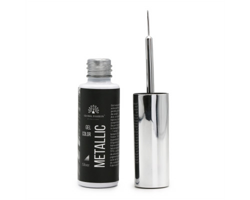 Гель-краска с тонкой кистью METALLIC GEL, зеркальный эффект, GLOBAL FASHION, SILVER, 10 МЛ